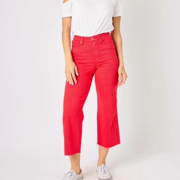 Judy Blue High Waist Garment Dyed Red Tummy Control Wide Leg Crop Denim Jeans - Picture 2 of 10